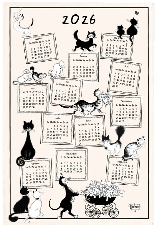 French cats and kittens 2026 calendar tea towel, featuring images by well-know French illustrator Albert Dubout