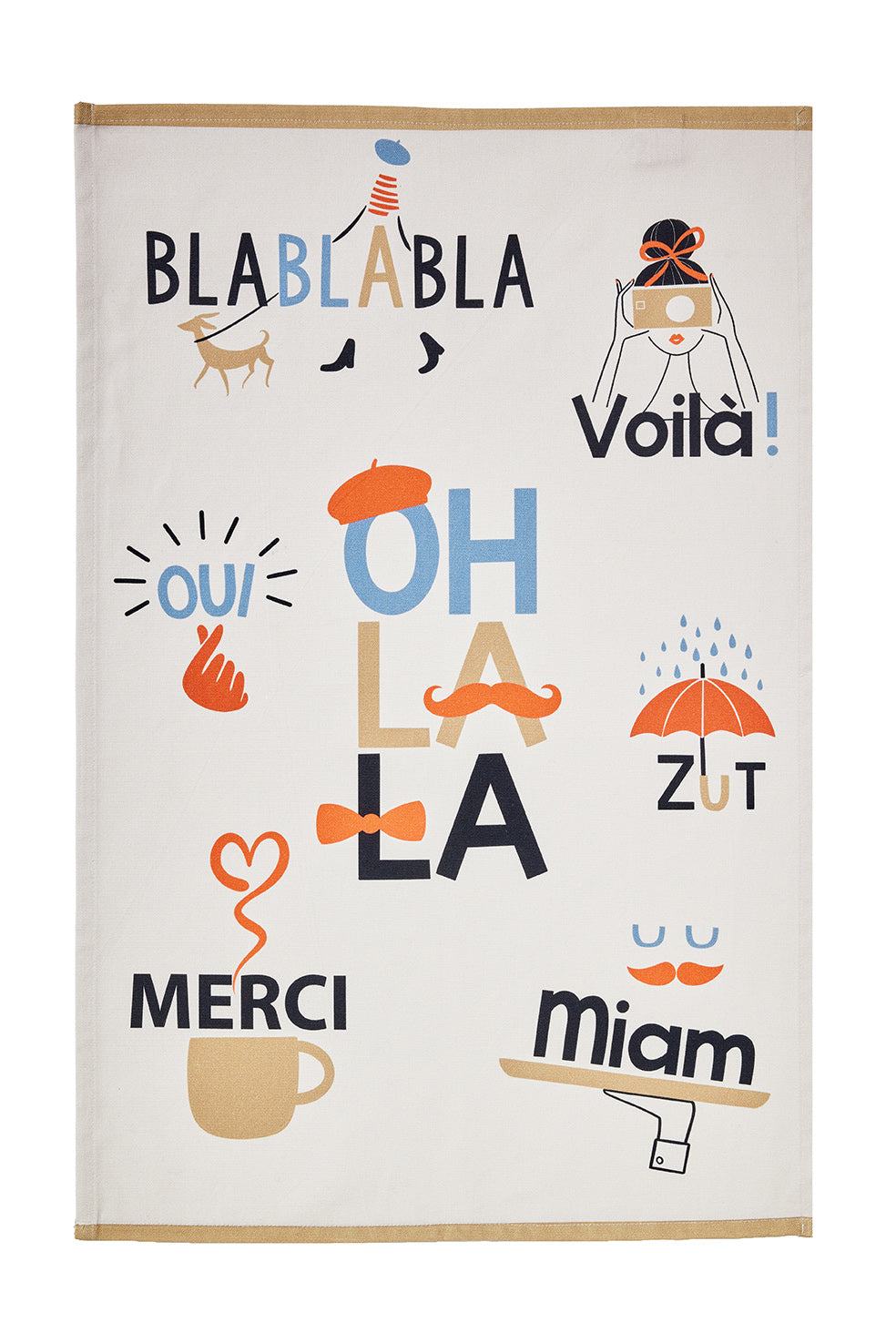 'Onomatopees' tea towel - ZUT! OH LA LA! and BLABLABLA!