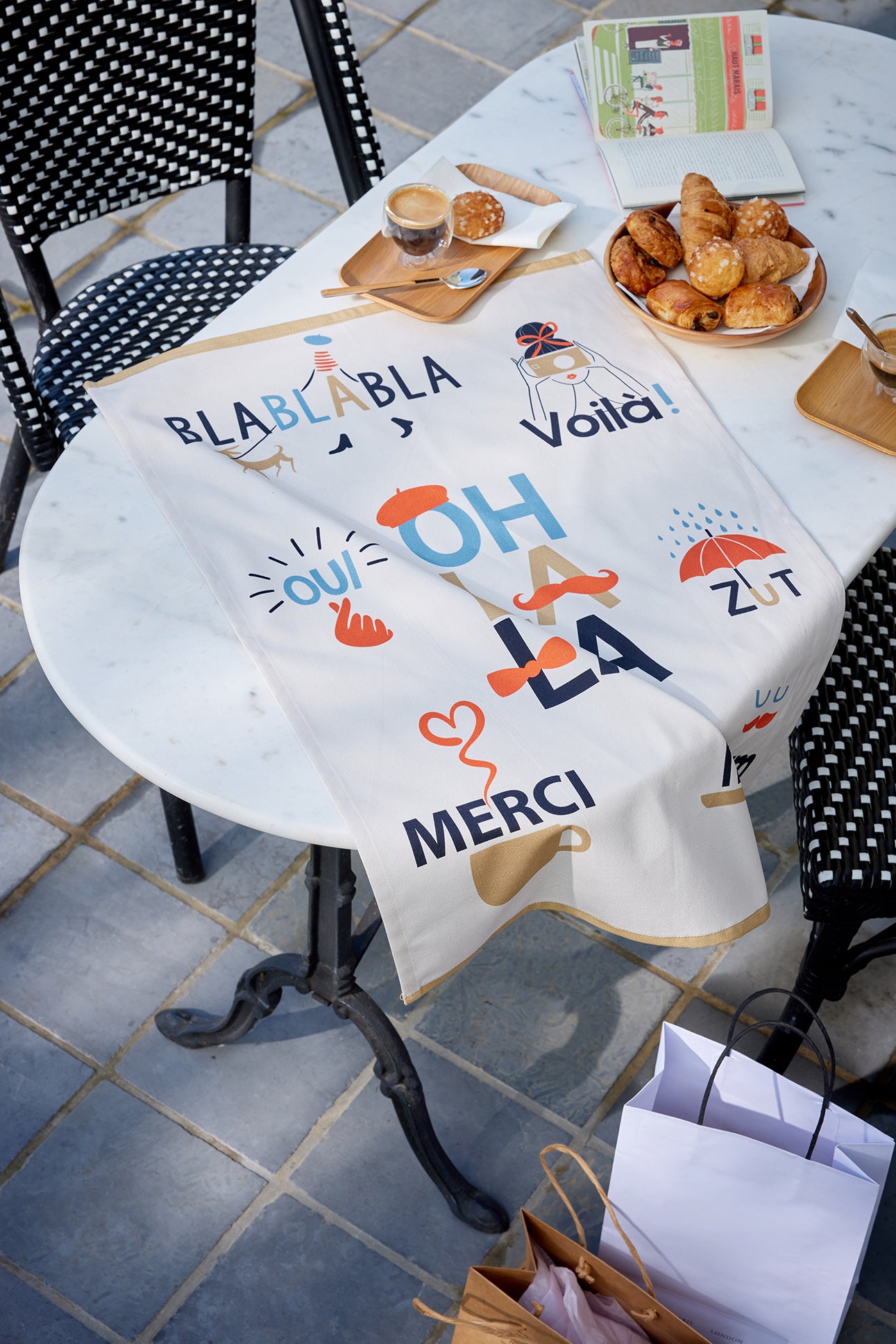 'Onomatopees' tea towel - ZUT! OH LA LA! and BLABLABLA!