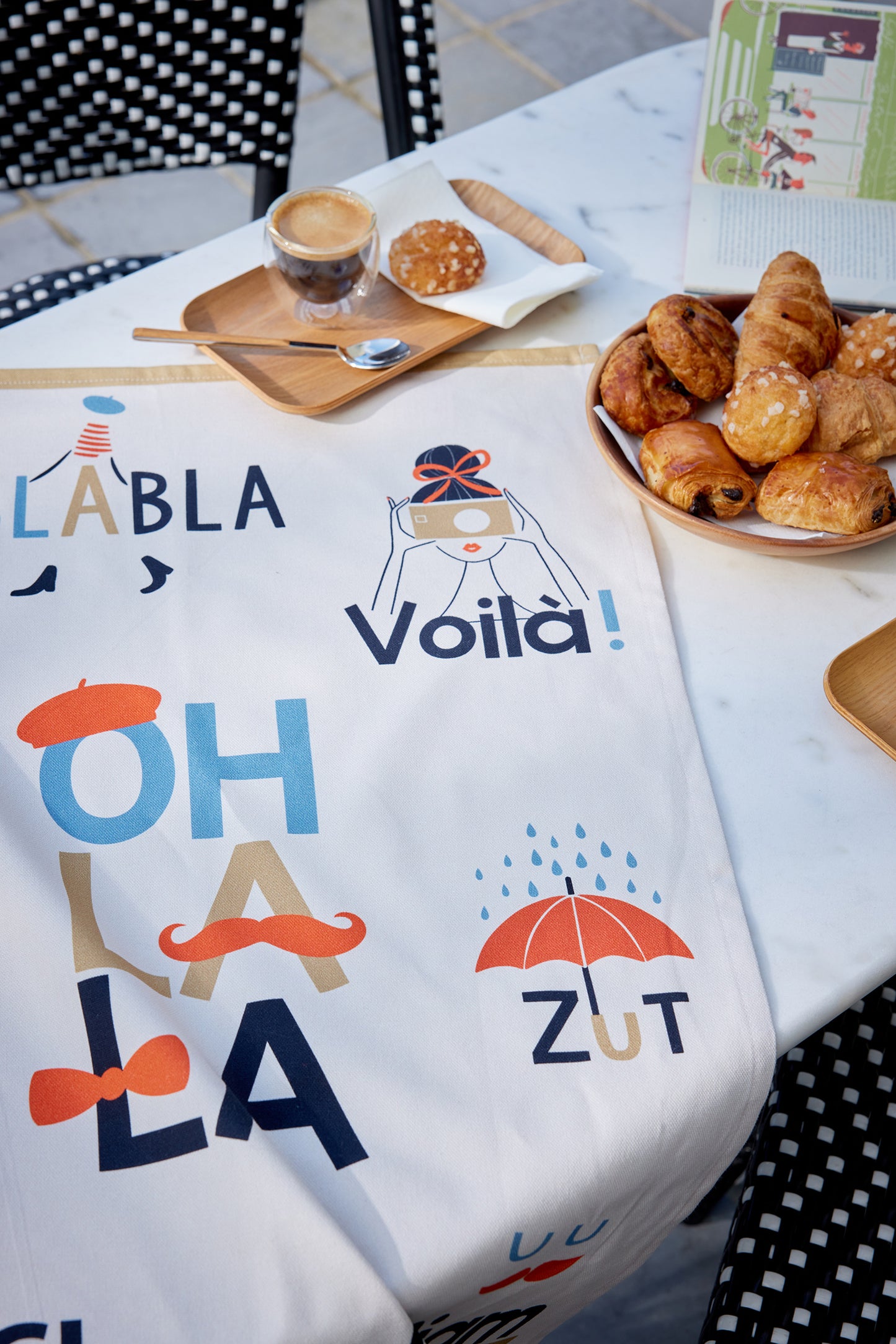 'Onomatopees' tea towel - ZUT! OH LA LA! and BLABLABLA!