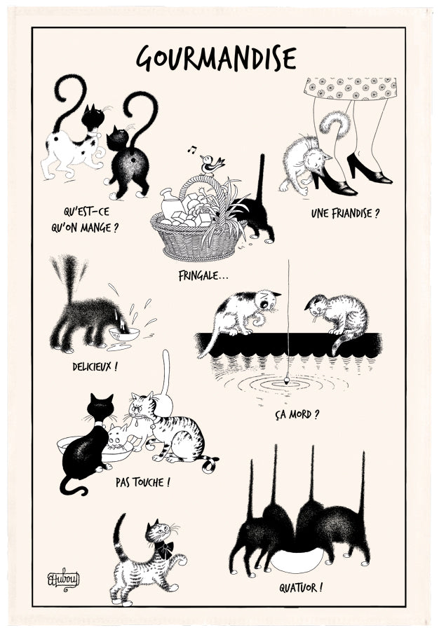 "La gourmandise" Dubout cats tea towel