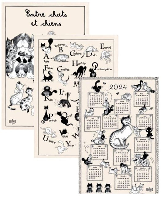 SPECIAL OFFER SAVE 10% Set of 3 cat / dog themed tea towels featuring images by well-known French illustrator Albert Dubout (includes 2024 tea-towel calendar)