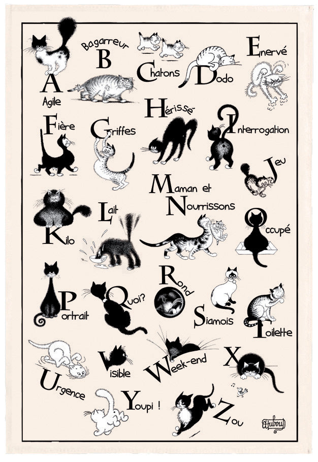 Cat-themed ABC tea towel with French words and images by French illustrator Albert Dubout