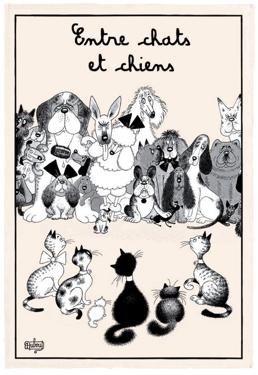 "Entre Chats et Chiens" cats and dogs' tea towel