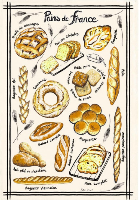 'Les Pains de France’ tea towel showing French breads and their names