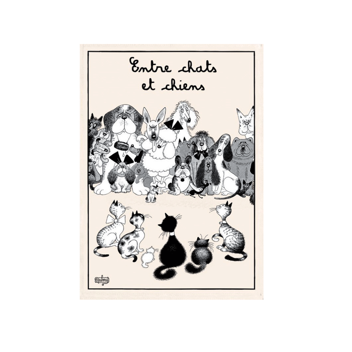 SPECIAL OFFER SAVE 10% Set of 3 cat / dog themed tea towels featuring images by well-known French illustrator Albert Dubout (includes 2024 tea-towel calendar)