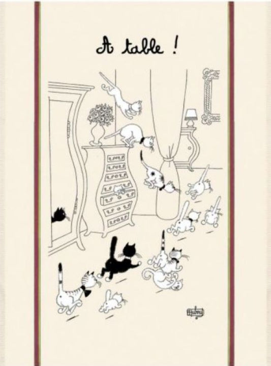 "Retour des courses - A table" Dubout cats tea towel (extra-large)