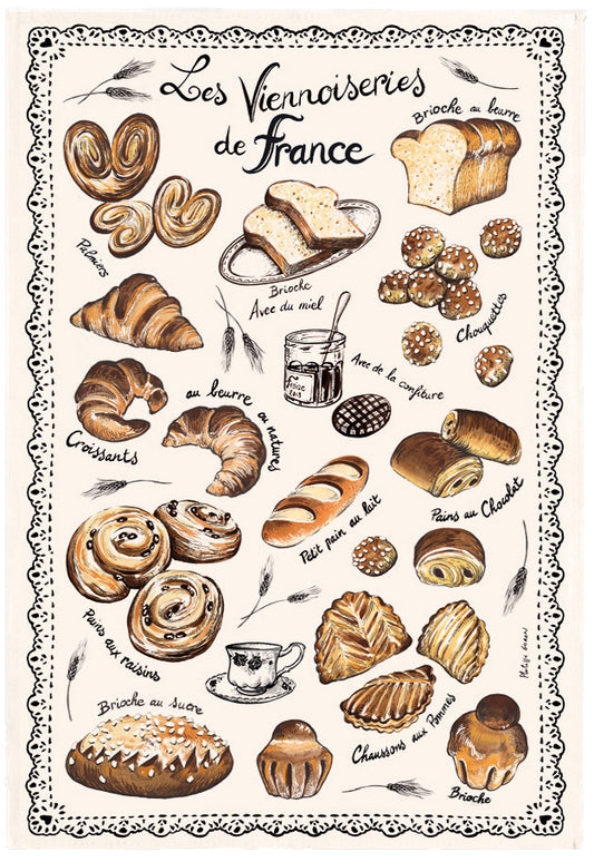 ‘Les Viennoiseries de France’ tea towel showing images and names of the French treats