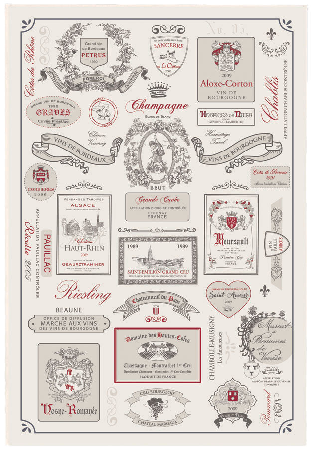 'Wine labels' tea towel