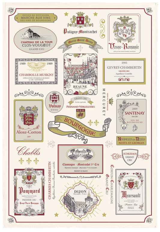 'Bourgogne wine labels' tea towel