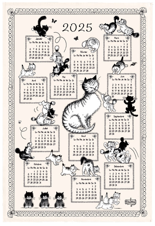 French kittens 2025 calendar tea towel, featuring images by well-know French illustrator Albert Dubout