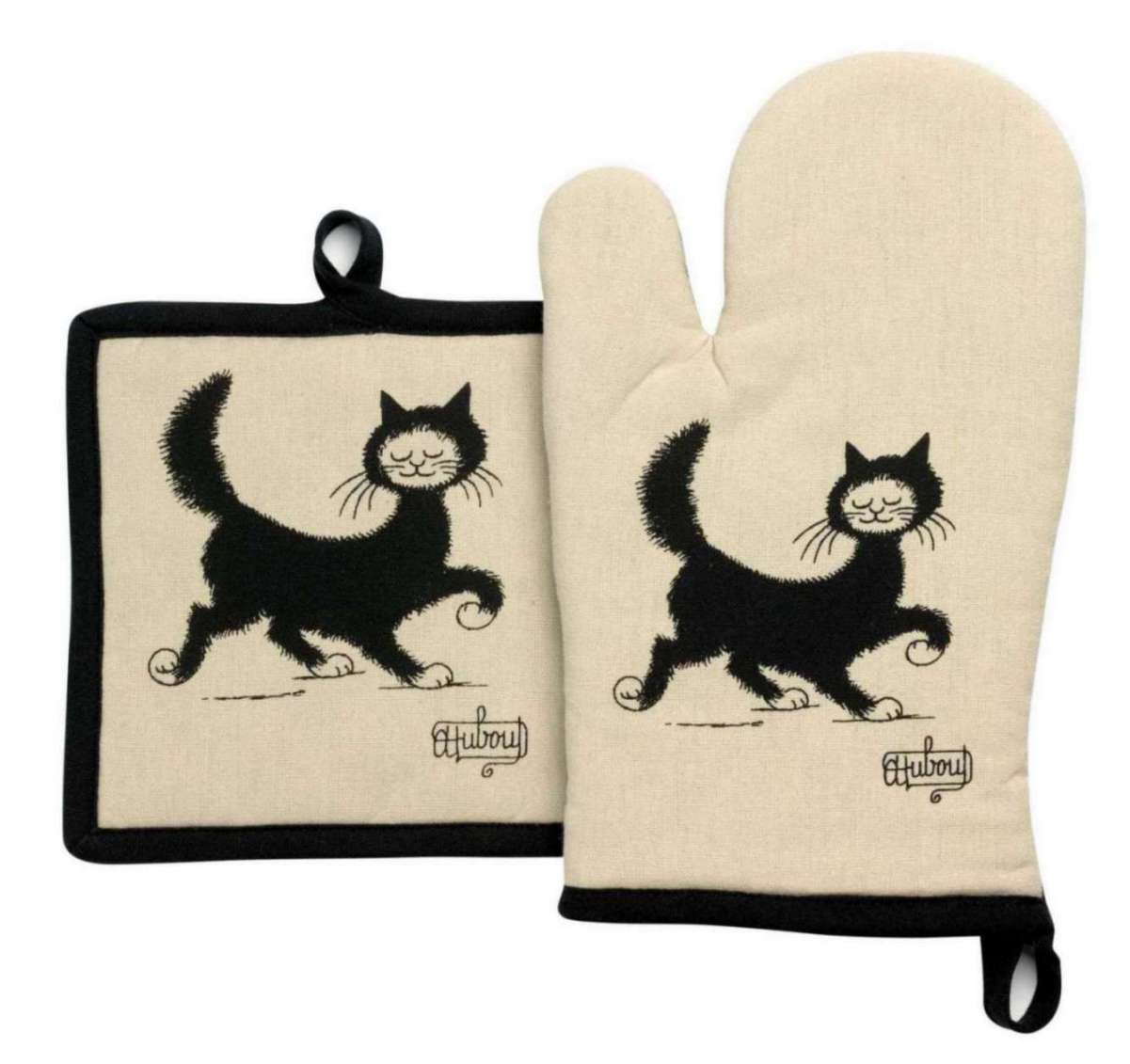 AWAITING NEW STOCK Cat-themed 'Balade' oven glove and pot holder set with images by French illustrator Albert Dubout