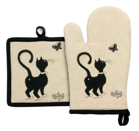 Cat-themed 'Butterfly' oven glove and pot holder set with images by French illustrator Albert Dubout