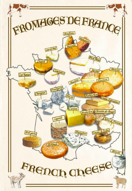 ‘Les Fromages de France’ tea towel featuring images and names of popular French cheeses and where they are made