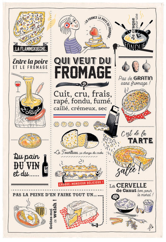 AWAITING NEW STOCK  -'Qui veut du fromage' tea towel