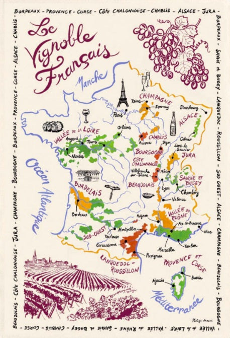 French wine tea towel showing a map of France and where celebrated wines come from - perfect for anyone who likes a tipple