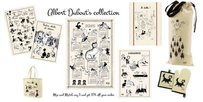 Cat-themed 'Butterfly' oven glove and pot holder set with images by French illustrator Albert Dubout
