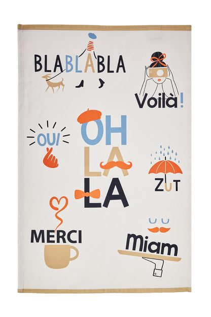 'Onomatopees' tea towel - ZUT! OH LA LA! and BLABLABLA!