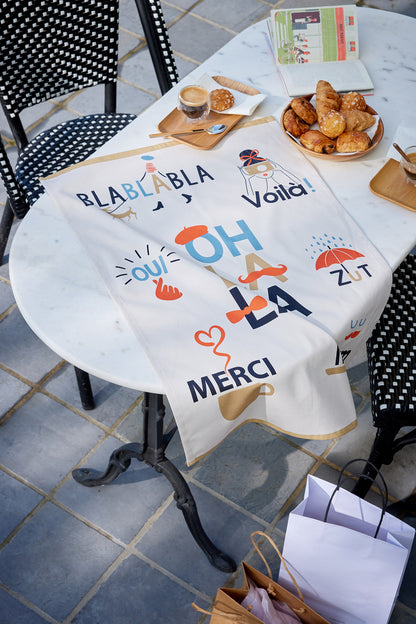 'Onomatopees' tea towel - ZUT! OH LA LA! and BLABLABLA!