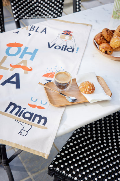 'Onomatopees' tea towel - ZUT! OH LA LA! and BLABLABLA!