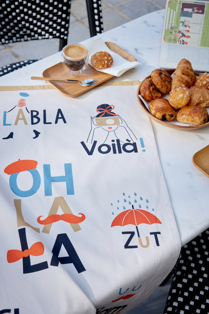 'Onomatopees' tea towel - ZUT! OH LA LA! and BLABLABLA!