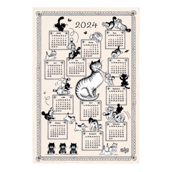 French cats 2024 calendar tea towel, featuring images by well-known French illustrator Albert Dubout