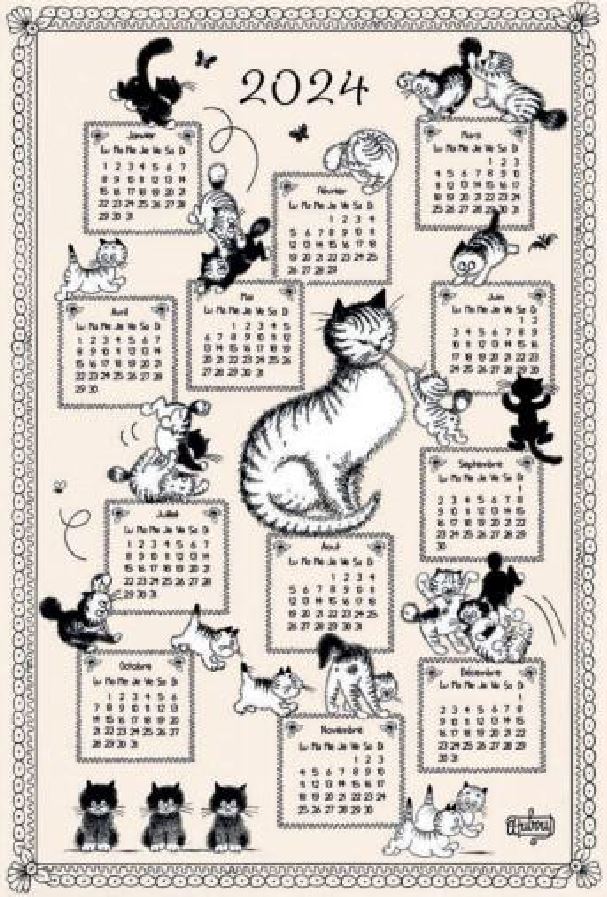 SPECIAL OFFER SAVE 10% Set of 3 cat / dog themed tea towels featuring images by well-known French illustrator Albert Dubout (includes 2024 tea-towel calendar)