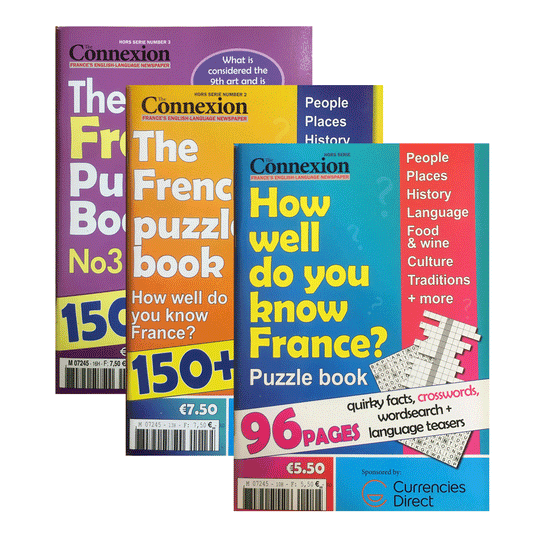 Special clearance offer! Set of our 3 France puzzle books full of quirky facts, word searches, crosswords and language teasers. Great gift.