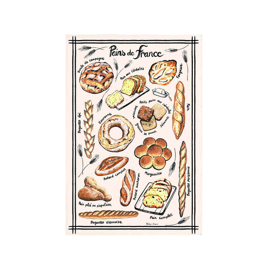 'Les Pains de France’ tea towel showing French breads and their names