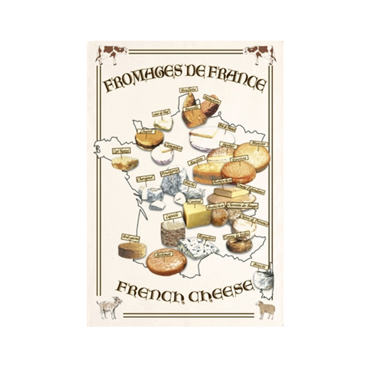 ‘Les Fromages de France’ tea towel featuring images and names of popular French cheeses and where they are made