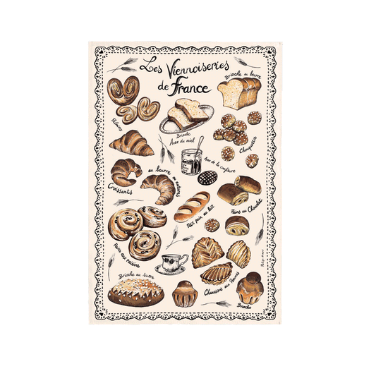 ‘Les Viennoiseries de France’ tea towel showing images and names of the French treats