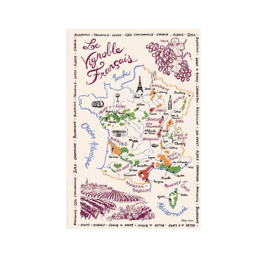 French wine tea towel showing a map of France and where celebrated wines come from - perfect for anyone who likes a tipple